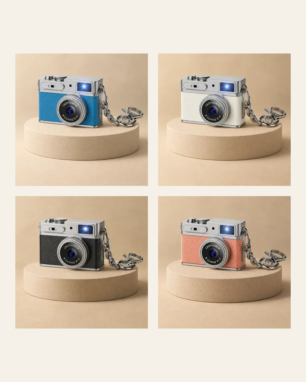 La mini caméra rétro dans ses quatre coloris : bleu, blanc, noir et rose