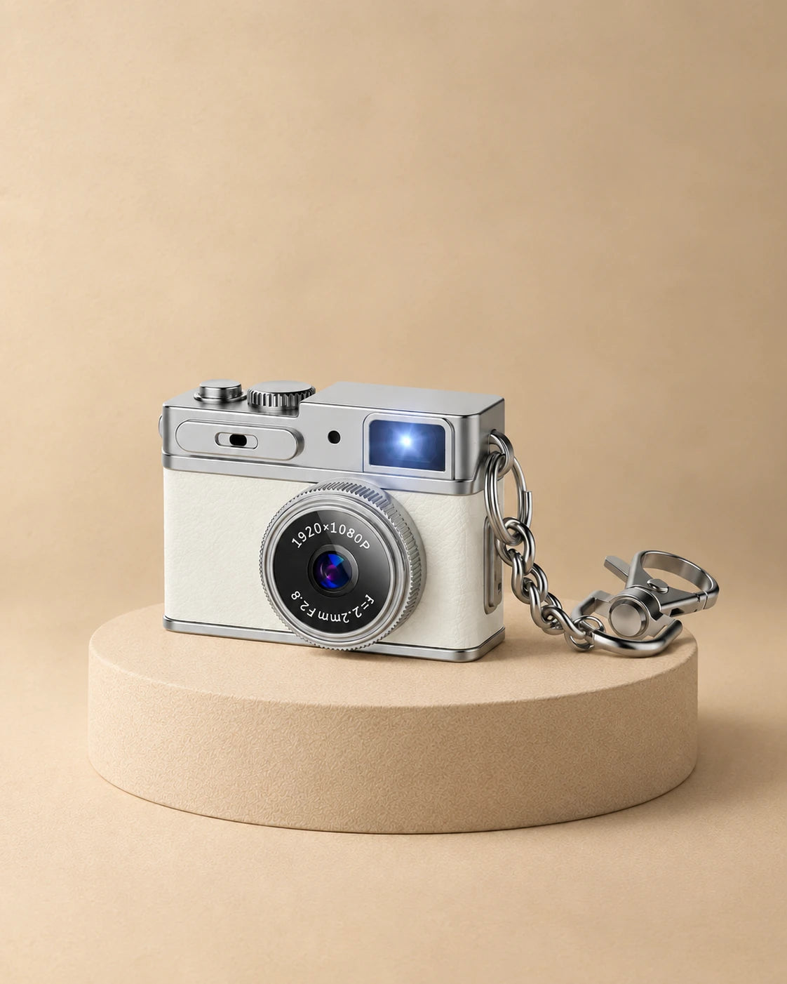 Mini appareil photo rétro blanc avec sa chaîne porte-clés, posé sur un socle beige